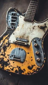 Relic yellow offset electric guitar in dramatic side lighting.