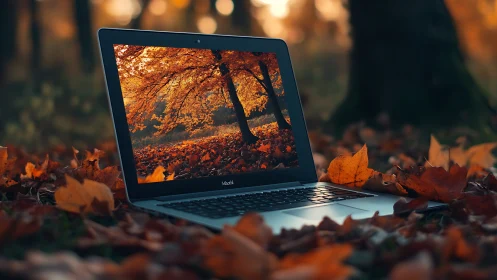 Open laptop mirrors autumn forest scene with warm color harmony