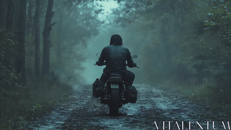 Motorcyclist on wet forest trail in dense blue-green fog.