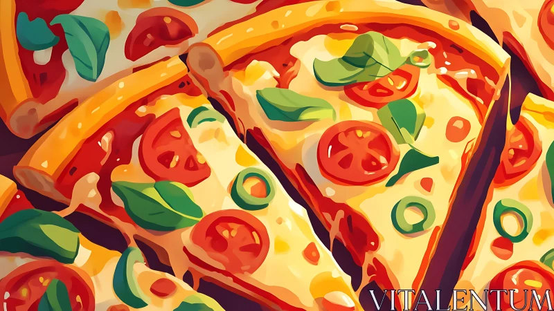 Golden pizza slices glow with melty cheese and fresh toppings