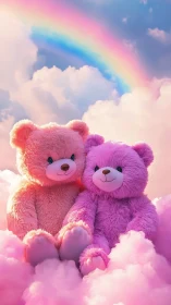 Rainbow-snuggled teddy duo drifting on cotton candy clouds.