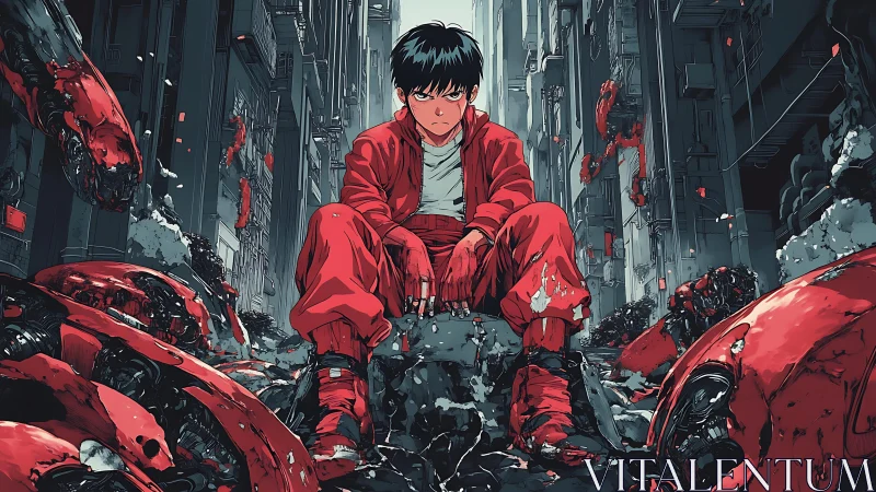 Neo-urban juvenile amid biomech wreckage in axial alleyway.