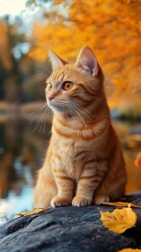 Orange tabby cat sitting alert on autumn stone.