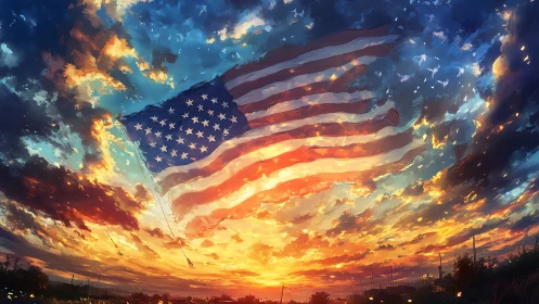 Flag of stars sailing through a firelit American sky.