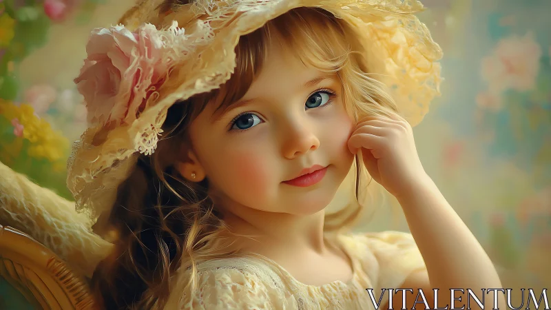 Young child in lace hat against soft floral background.