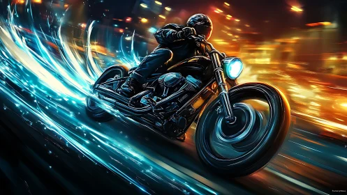 Neon streak motorcycle racing through blazing city night.