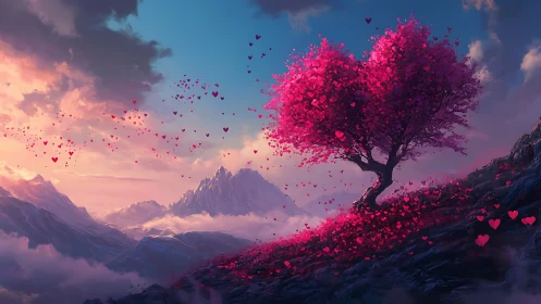 Magenta Heart-Shaped Tree in Mountainous Landscape.