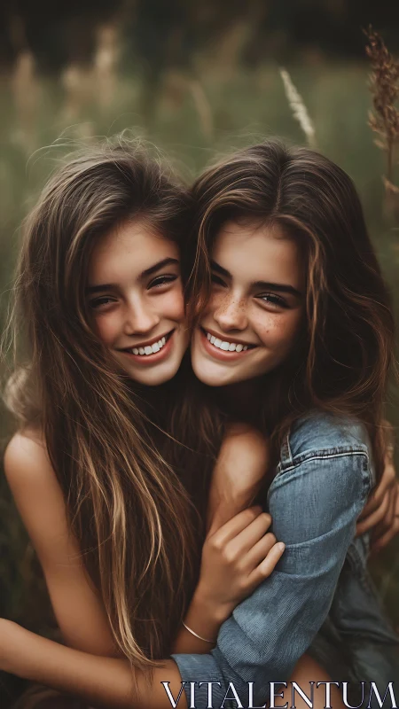Smiling twin sisters hugging in soft natural meadow light.