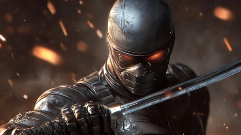 Armored cyber ninja with katana in burning embers.