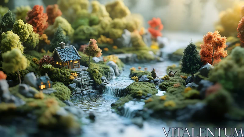 Miniature riverside cottage glows in storybook forest hush.