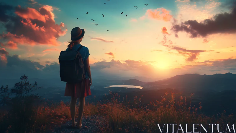 Backpacker silhouette on ridge overlooking sunset valley