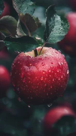 Ripe red apple hangs after rain in lush orchard light