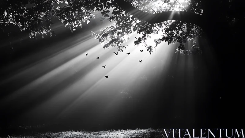 Monochrome forest light beams with birds in flight.