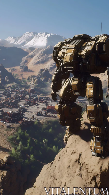 Combat mech overlooking desert valley industrial settlement.
