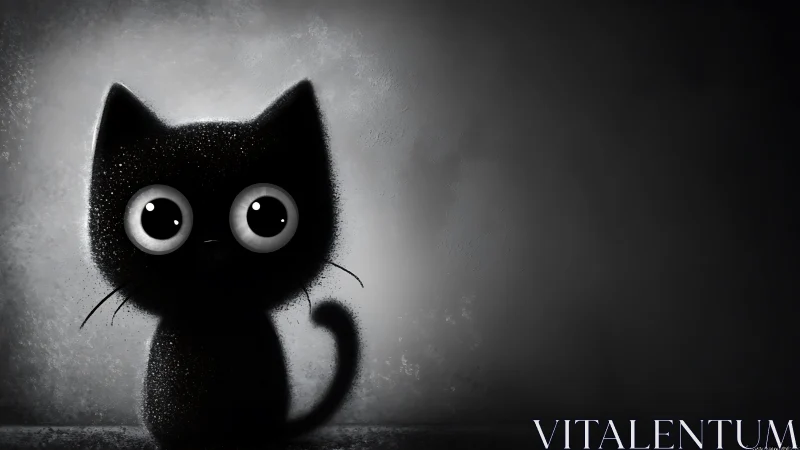 Black cat with oversized luminous eyes in monochromatic environment