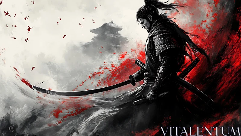 Ronin warrior stands amid crimson storm of memory and steel.