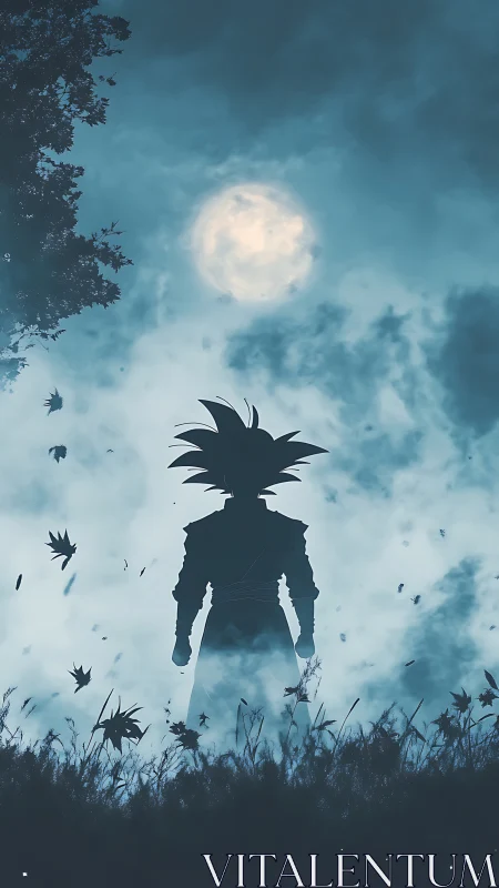 Moonlit warrior silhouette waits inside stormy drifting mist