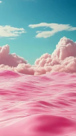 Cotton candy ocean waves beneath pastel cumulus sky.