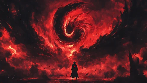 Lone warrior faces colossal crimson vortex in burning sky