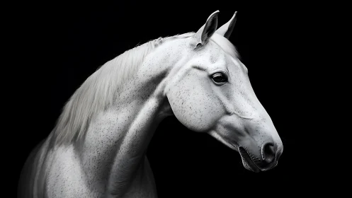 Graceful white horse portrait in stark black studio light.