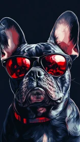 Nightclub Frenchie in crimson sunglasses holds serious swagger.