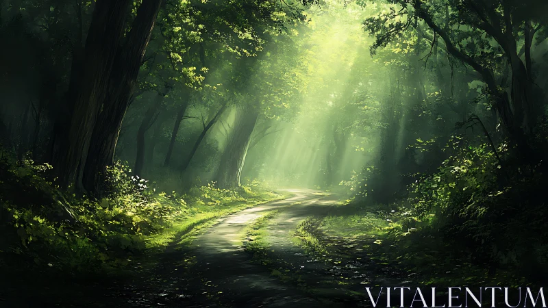 Forest Path with Atmospheric Light Rays Through Canopy.