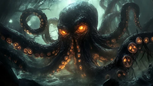 Eldritch abyssal kraken surges through bioluminescent fog.