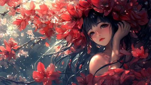 Anime girl surrounded by vivid red blossoms in soft light.