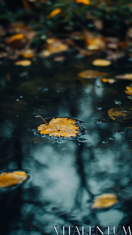 Golden autumn leaf drifts softly across a moody forest pool