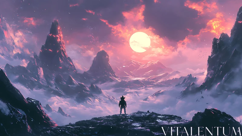 Lone cosmic warrior under molten sunrise over misted peaks.