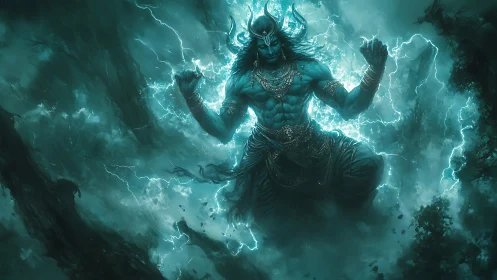 Mythic storm deity levitates in teal lightning-saturated vortex