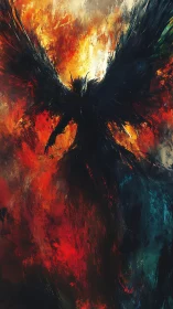Winged dark figure silhouetted against intense fiery background.