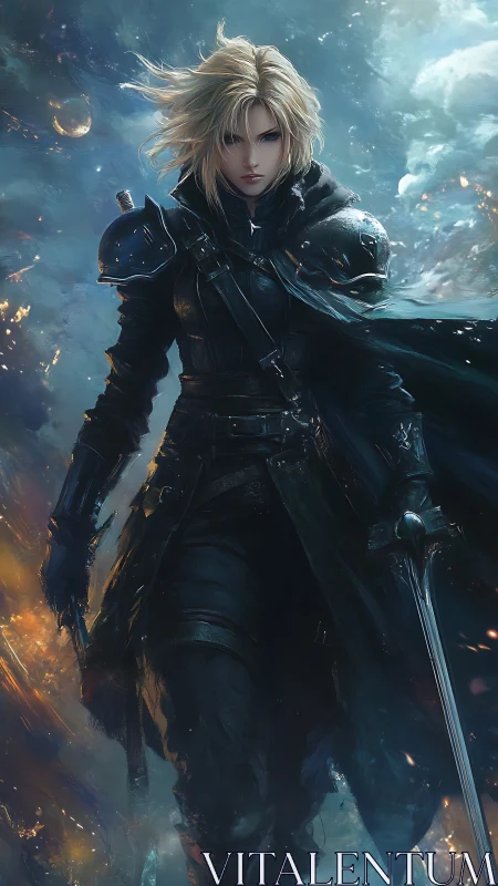 Storm-lit warrior strides forward with quiet, fierce resolve