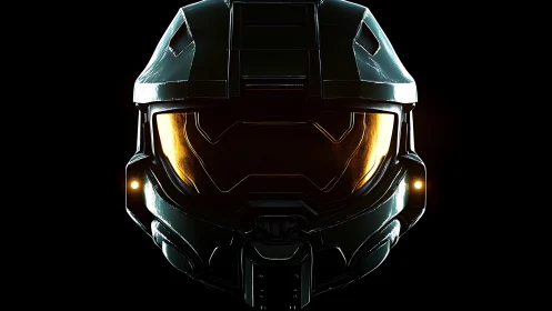 Helm of the starbound soldier stares back through gold light