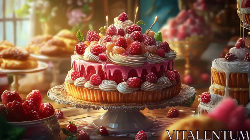 Layered Cake with Raspberry Topping on Display Stand.