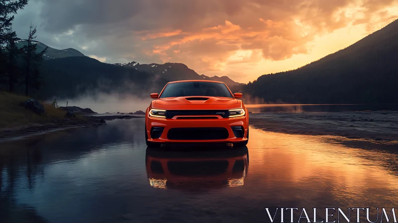 Orange sports sedan on reflective lake shore at sunset.