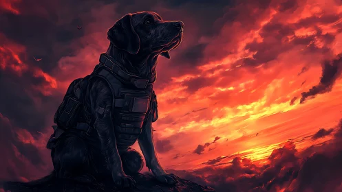Armored working dog silhouettes against highly saturated sunset sky