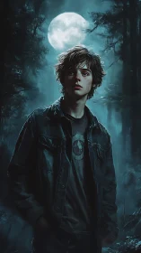Moonlit youth standing in misty midnight forest gloom.