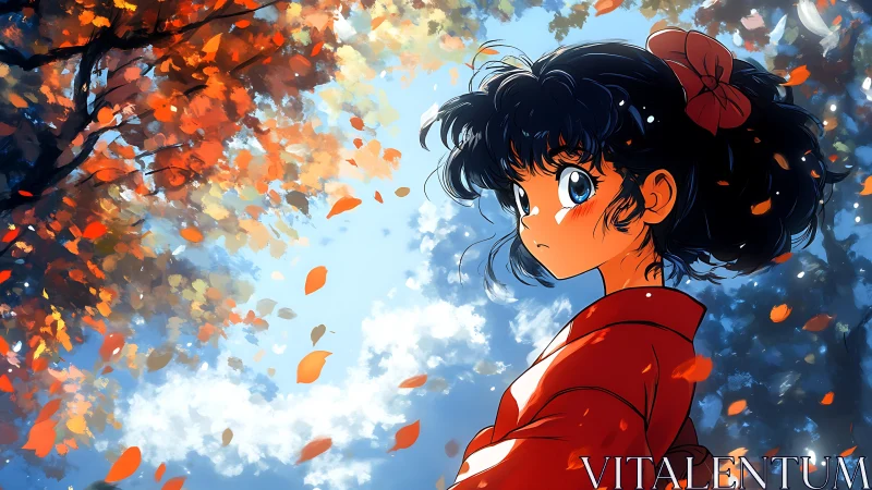 Autumn-eyed girl beneath a whirl of wildfire leaves.