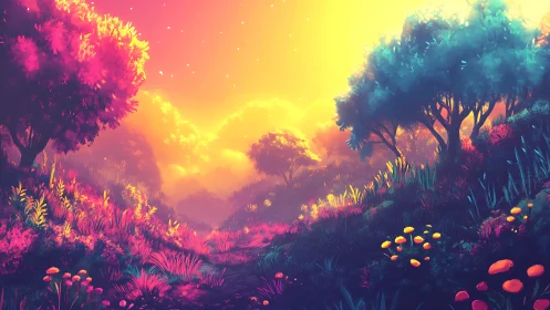 Luminous fantasy valley glows under vivid neon sunset sky