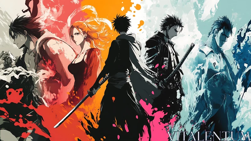 Elemental warriors in dynamic split-color anime tableau.