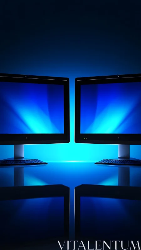 Dual desktop monitors mirror blue light on reflective desk