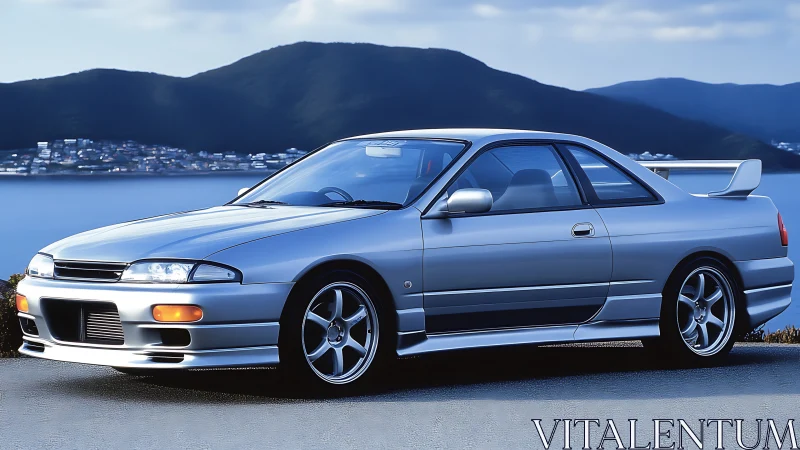 Silver sports coupe rests by a calm lakeside mountain view