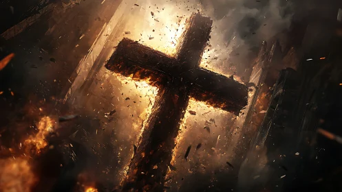 Burning stone cross collapsing amid apocalyptic inferno.