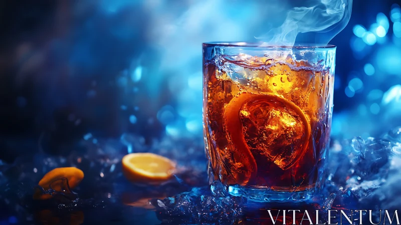 Glass of cola with ice cubes in blue-lit environment