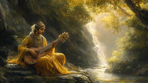 Radiant musician in golden forest sanctuary by a waterfall.
