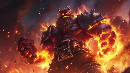 Inferno warlord strides from the blaze with molten fury.