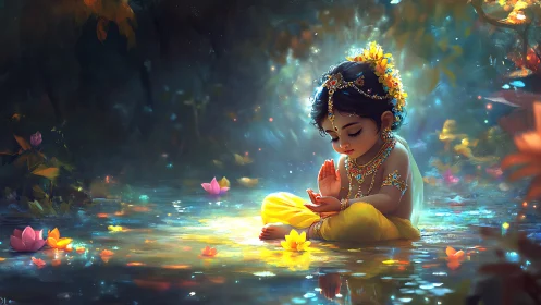 Lotus-bright child deity cradles light in a moonlit pool