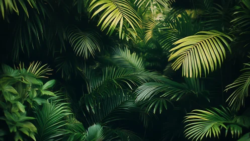 Soft jungle canopy of emerald palms and quiet shade.