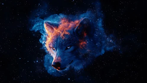 Celestial wolf spirit glowing with blue starlight and flame.